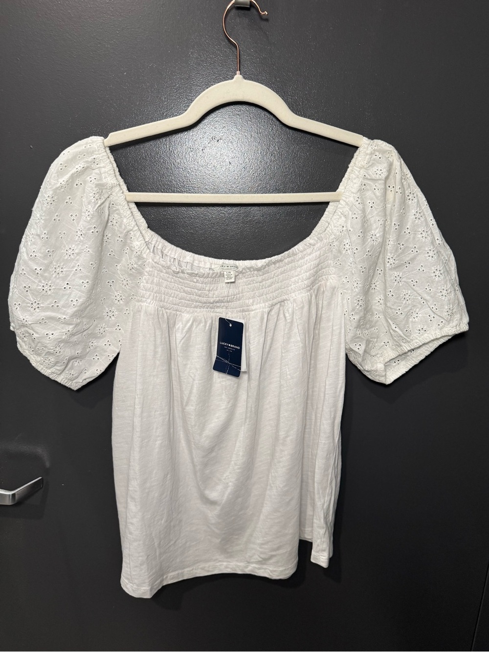 NWT Lucky Brand White Eyelet Puff Sleeve Smocked Top L